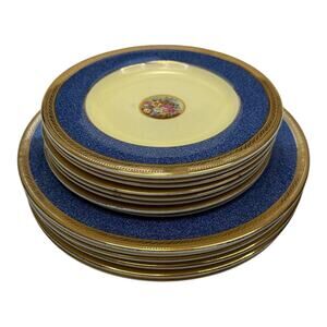 14 pc Crown Ducal Roma Pattern Gold Rim Salad and Dinner Plates Floral